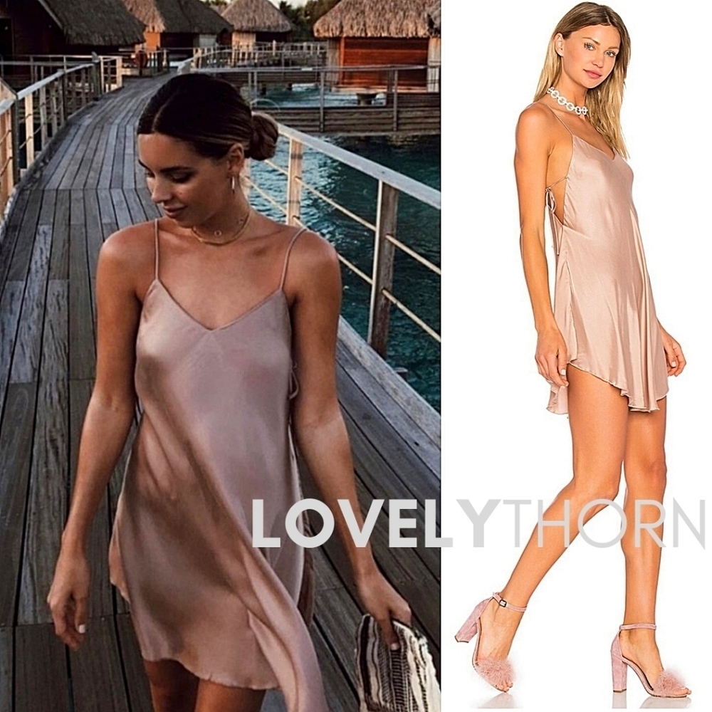 NBD // ltd ed revolve collab foley taupe satin side tie mini slip dress